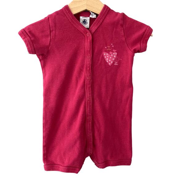 Petit Bateau Mon Petit Amour Heart Shortie Snap Romper - Fuchsia - 6M - Picture 1 of 6